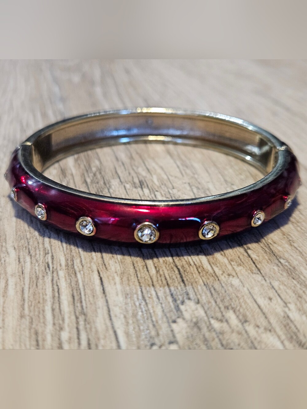 Vintage Red Enamel Hinged Bangle Bracelet With Clear Rhinestones